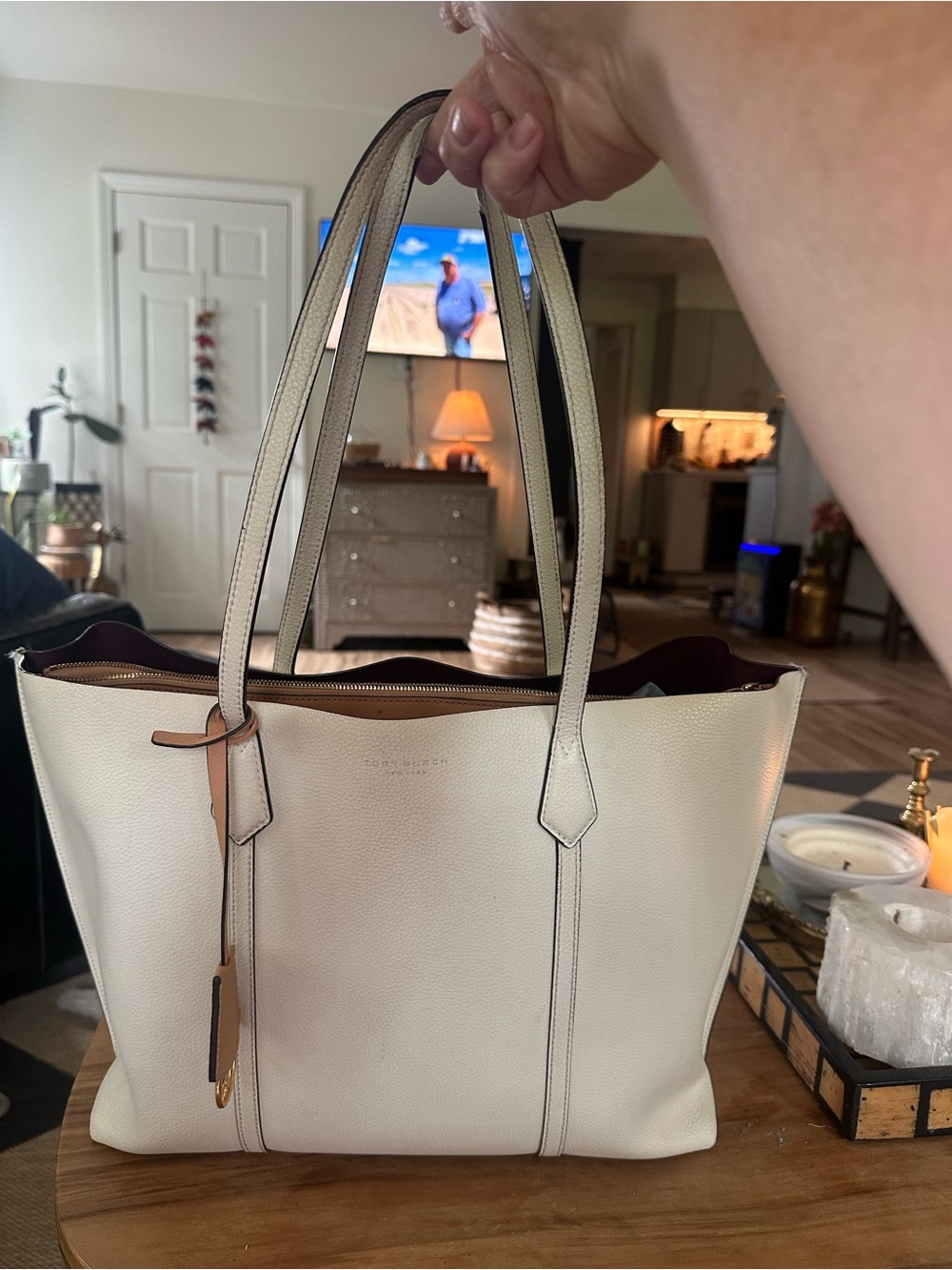 Tory Burch Cream Perry Tote charm handle trim missing as shown clean marks